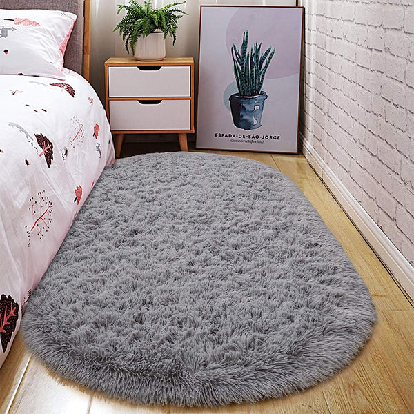 Oval Fluffy Ultra Soft Area Rugs for Bedroom Plush Shaggy Carpet for Kids Room Bedside Nursery Mats, 2.6 x 5.3ft, Grey