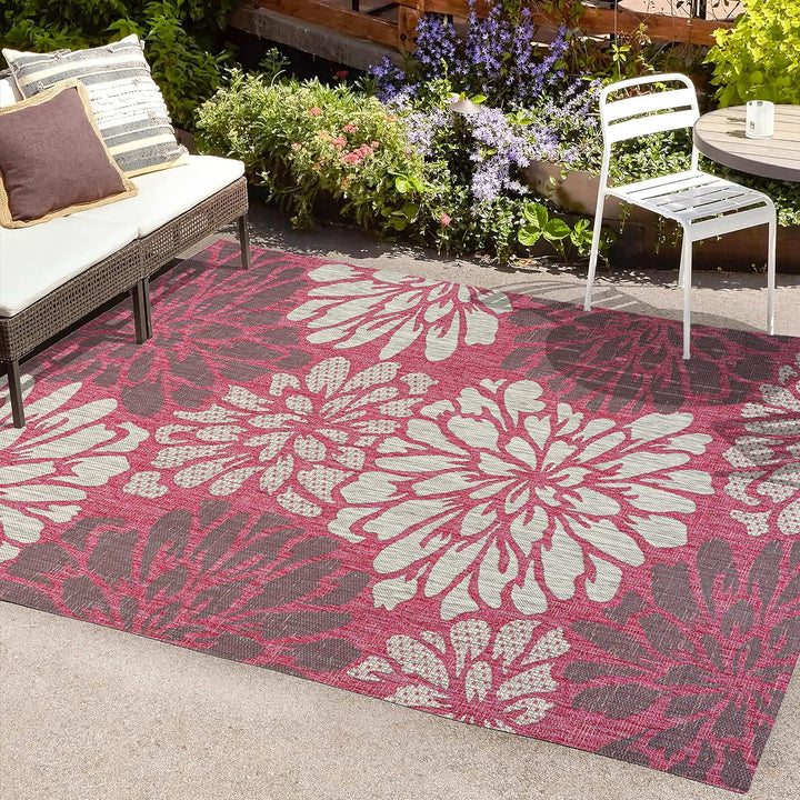 Zinnia Modern Floral Textured Weave Indoor Outdoor Area-Rug, Bohemian Coastal Easy-Cleaning, Bedroom, Kitchen, Backyard, Patio, Non Shedding