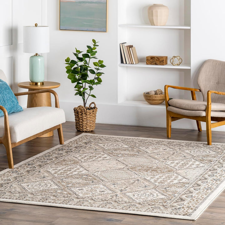 5x8 Becca Traditional Tiled Area Rug, Beige, Faded Transitional Design, Stain Resistant, For Bedroom, Dining Room, Living Room, Hallway, Office, Kitchen, Entryway