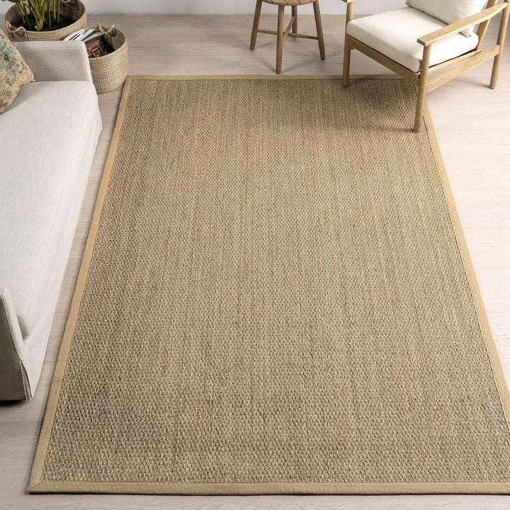 Elijah Seagrass Area Rug, Solid Farmhouse Style, Cotton Bordered, Basketweave, Natural Fiber, For Bedroom, Dining Room, Living Room, Hallway, Office, Kitchen, Entryway