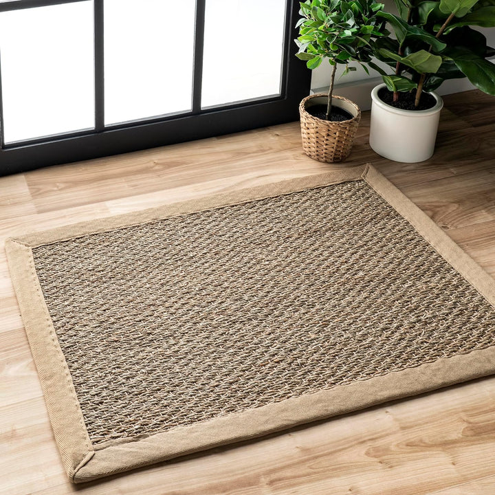 Elijah Seagrass Area Rug, Solid Farmhouse Style, Cotton Bordered, Basketweave, Natural Fiber, For Bedroom, Dining Room, Living Room, Hallway, Office, Kitchen, Entryway