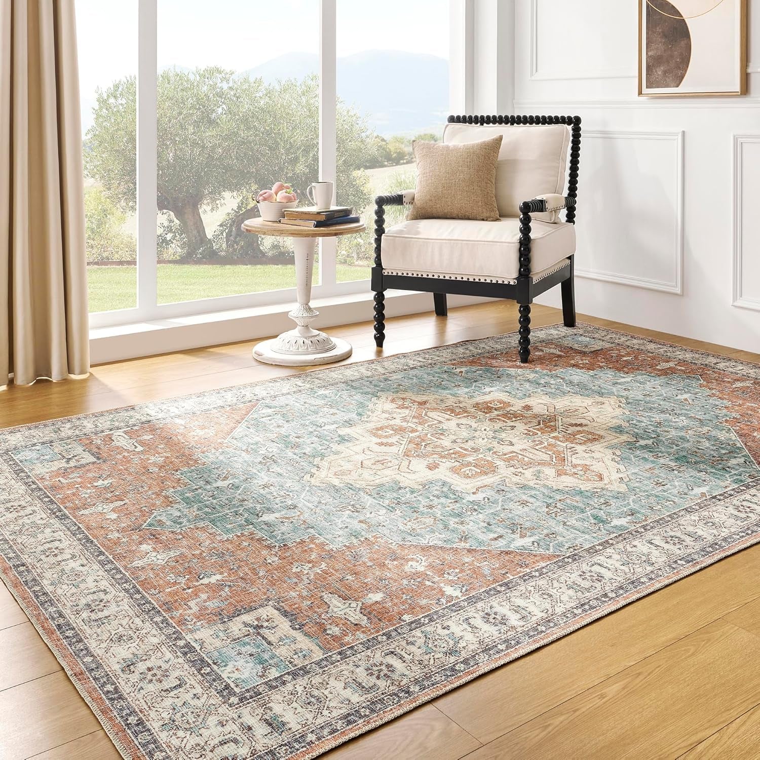 Boho Neutral Living Room Rug Washable Vintage Rustic Earth Tone Moder Enzomar