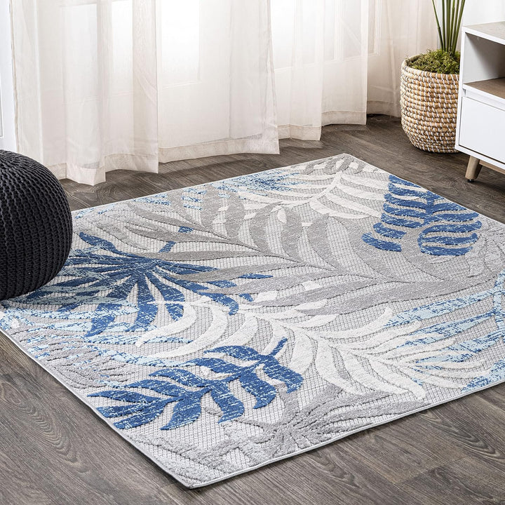 Tropics Palm Leaves Indoor Outdoor Area-Rug, Bohemian Floral Easy Cleaning, High Traffic, Bedroom, Kitchen, Backyard, Patio, Porch, Non Shedding