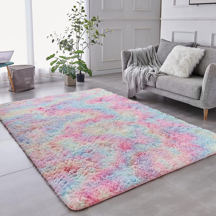 Shag Area Rug, 5x7 Ft Tie-Dyed Light Grey Upgrade Anti-Skid Durable Rectangular Cozy High Pile Soft Throw Rug for Nursery/ Living Room