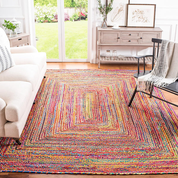 Cape Cod Collection Area Rug - 6' x 9', Red & Multi, Handmade Boho Braided Jute & Cotton, Ideal for High Traffic Areas in Living Room, Bedroom (CAP202A)