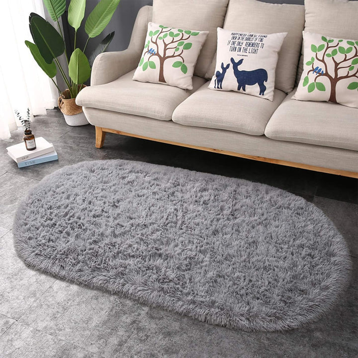 Oval Fluffy Ultra Soft Area Rugs for Bedroom Plush Shaggy Carpet for Kids Room Bedside Nursery Mats, 2.6 x 5.3ft, Grey