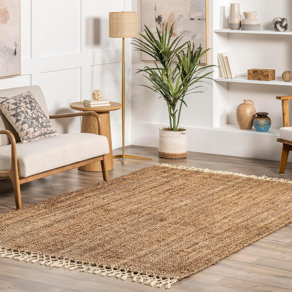 Raleigh Farmhouse Jute Tasseled Area Rug, 5x8, Natural