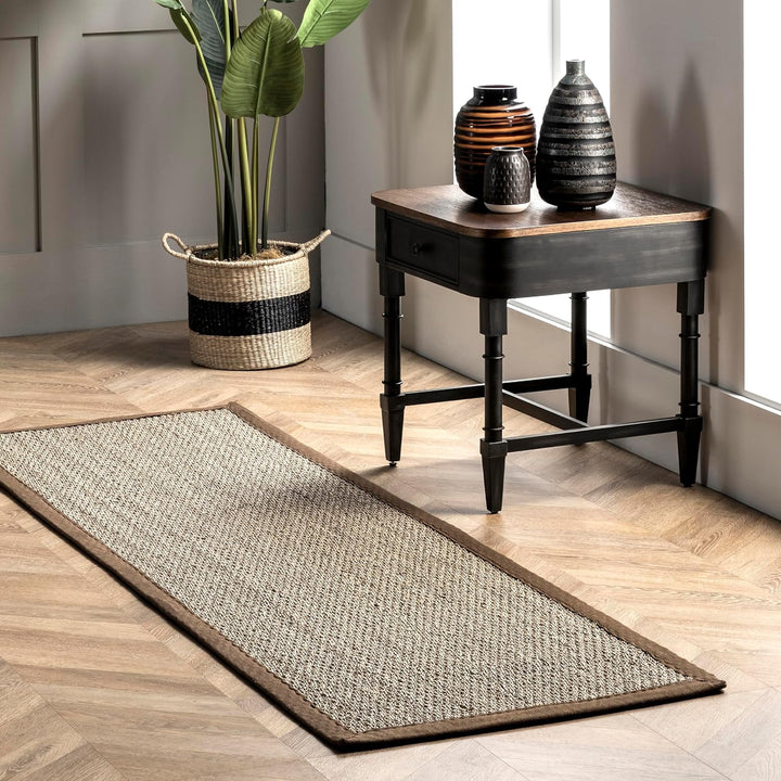 Elijah Seagrass Area Rug, Solid Farmhouse Style, Cotton Bordered, Basketweave, Natural Fiber, For Bedroom, Dining Room, Living Room, Hallway, Office, Kitchen, Entryway