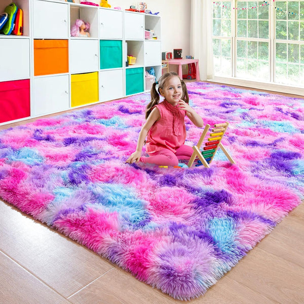 Soft Rainbow Area Rugs for Girls Room, Fluffy Colorful Rugs Cute Floor Carpets Shaggy Playing Mat for Kids Baby Girls Bedroom Nursery Home Decor, 4ft x 6ft Tie-dyed Hot-pink