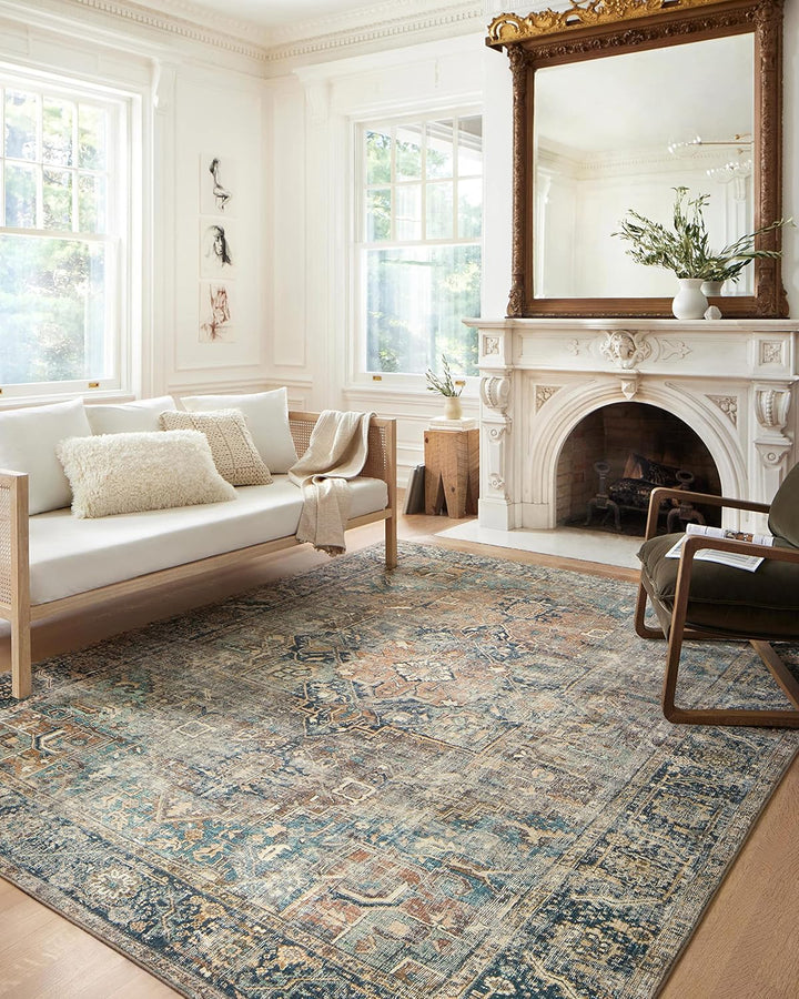 Margot Collection MAT-02 Terracotta / Lagoon 5'-0" x 7'-6", .38" Thick, Area Rug, feat.CloudPile, Soft, Durable, Printed, Medallion, Low Pile, Non-Shedding, Easy Clean, Living Room Rug