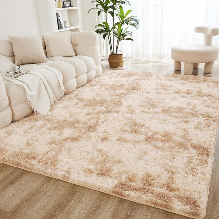 4x6 Shag Area Rug for Living Room Bedroom, Tie-Dyed Beige Fluffy Shaggy Fuzzy Nursery Kids Girls Boys Room Rug, Cream Soft Plush Furry Bedside Carpet, Non-Slip, Non-Shedding Indoor Floor Rug