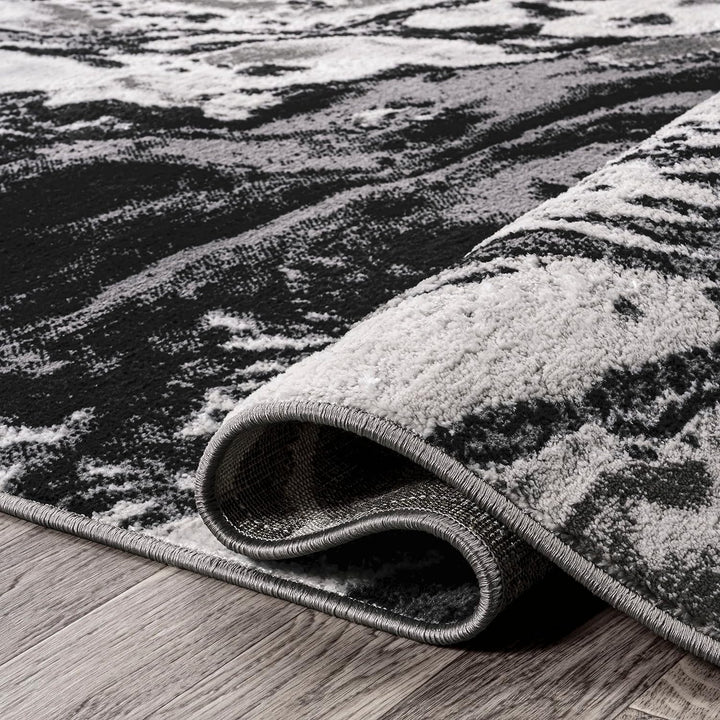 SOR203E-5 Swirl Marbled Abstract Indoor Area-Rug, Casual, Contemporary, Transitional Easy-Cleaning,Bedroom,Kitchen,Living Room,Non Shedding, Black/Ivory, 5 X 8