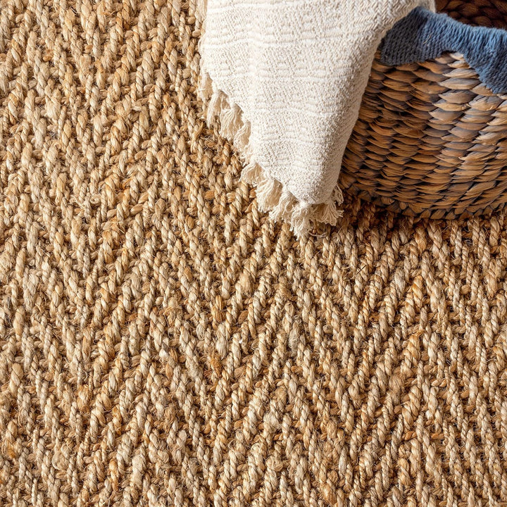 NFR101A-28 Espina Hand Woven Herringbone Chunky Jute Indoor Area -Rug Bohemian Farmhouse Easy -Cleaning Bedroom Kitchen Living Room Non Shedding, 2 X 8, Natural Color