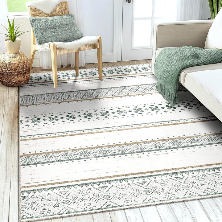 Moroccan Washable Area Rugs, Farmhouse Neutral Geometric Rug for Living Room, Bedroom, Low Pile Water Repellent Non-Slip Ultra Soft Faux Wool