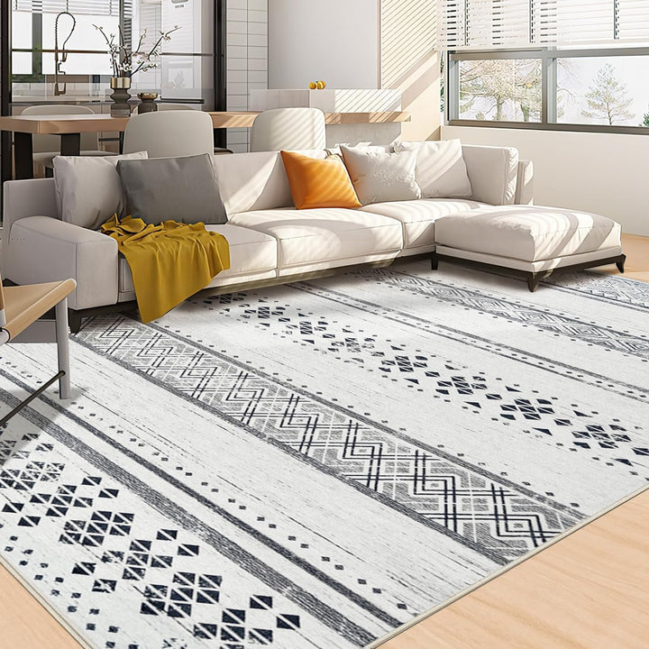 Moroccan Washable Area Rugs, Farmhouse Neutral Geometric Rug for Living Room, Bedroom, Low Pile Water Repellent Non-Slip Ultra Soft Faux Wool