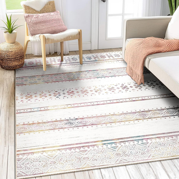 Moroccan Washable Area Rugs, Farmhouse Neutral Geometric Rug for Living Room, Bedroom, Low Pile Water Repellent Non-Slip Ultra Soft Faux Wool