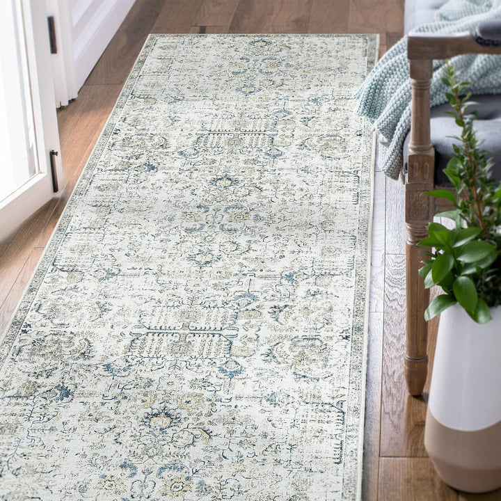 Area Rug 8x10 Washable Rug Vintage Rug Indoor Thin Rug Retro Accent Rug Distressed Carpet Blue Multi Floral Print Country Boho Rug Non Slip Kitchen Bedroom Living Room Dining Room Office