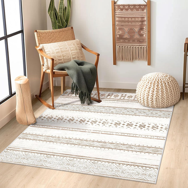 Moroccan Washable Area Rugs, Farmhouse Neutral Geometric Rug for Living Room, Bedroom, Low Pile Water Repellent Non-Slip Ultra Soft Faux Wool