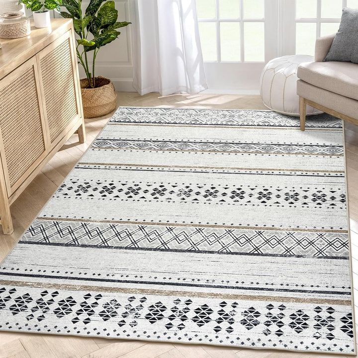 Moroccan Washable Area Rugs, Farmhouse Neutral Geometric Rug for Living Room, Bedroom, Low Pile Water Repellent Non-Slip Ultra Soft Faux Wool