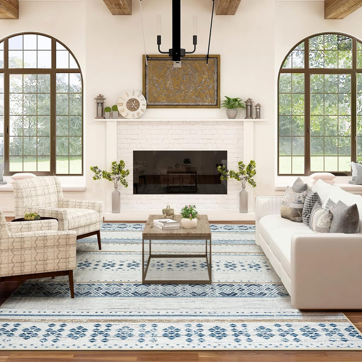 Moroccan Washable Area Rugs, Farmhouse Neutral Geometric Rug for Living Room, Bedroom, Low Pile Water Repellent Non-Slip Ultra Soft Faux Wool