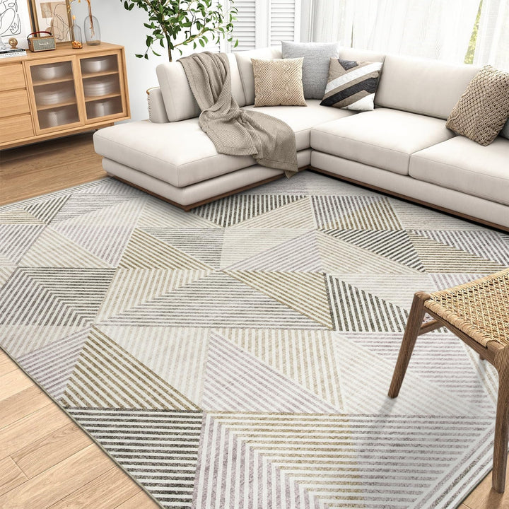 Machine Washable Area Rug - Living Room Bedroom Bathroom Kitchen Entryway Office - Non Slip Crease Free Stain Resistant Premium - Modern Geometric Contemporary