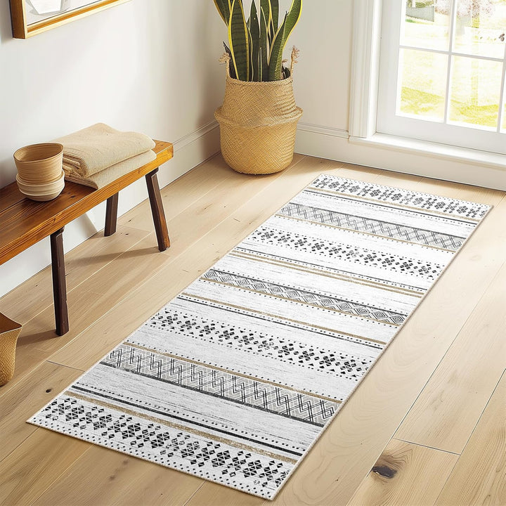 Moroccan Washable Area Rugs, Farmhouse Neutral Geometric Rug for Living Room, Bedroom, Low Pile Water Repellent Non-Slip Ultra Soft Faux Wool