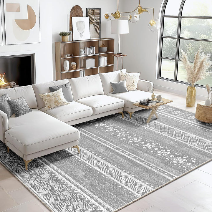 Moroccan Washable Area Rugs, Farmhouse Neutral Geometric Rug for Living Room, Bedroom, Low Pile Water Repellent Non-Slip Ultra Soft Faux Wool