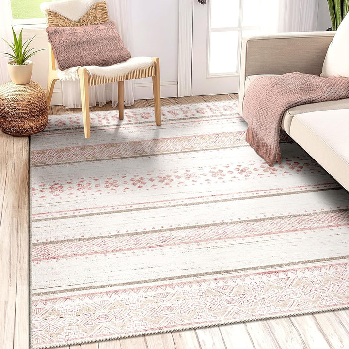 Moroccan Washable Area Rugs, Farmhouse Neutral Geometric Rug for Living Room, Bedroom, Low Pile Water Repellent Non-Slip Ultra Soft Faux Wool