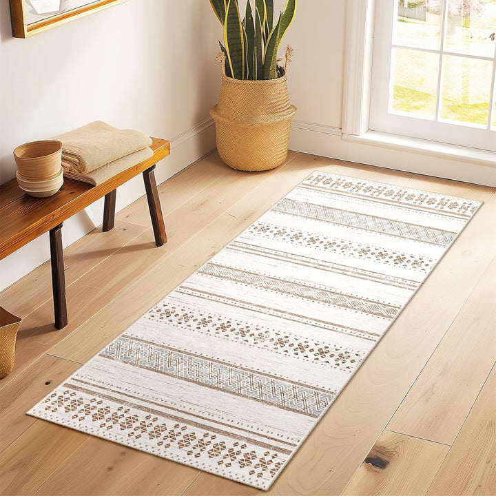 Moroccan Washable Area Rugs, Farmhouse Neutral Geometric Rug for Living Room, Bedroom, Low Pile Water Repellent Non-Slip Ultra Soft Faux Wool