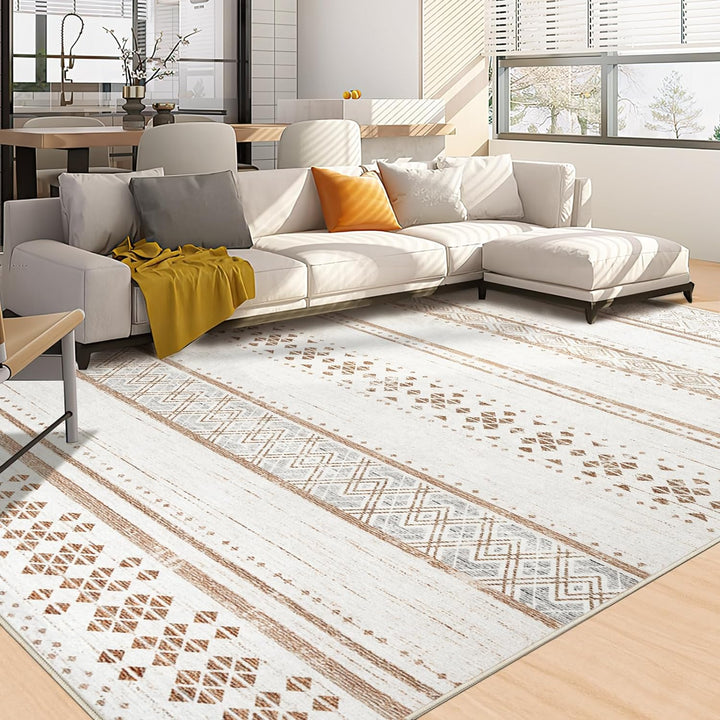 Moroccan Washable Area Rugs, Farmhouse Neutral Geometric Rug for Living Room, Bedroom, Low Pile Water Repellent Non-Slip Ultra Soft Faux Wool