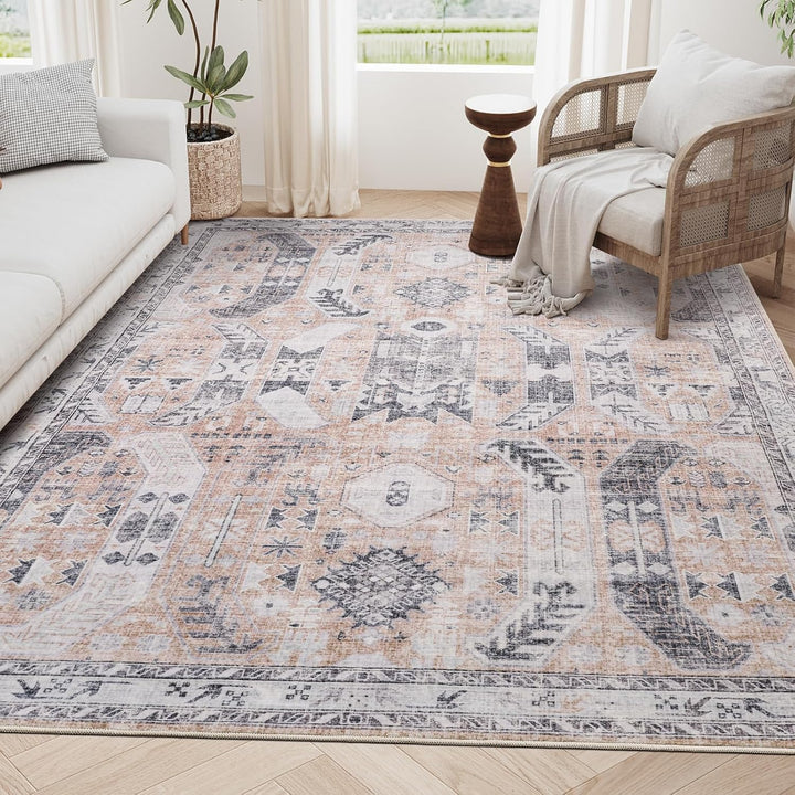 Washable Rug 8x10 Area Rugs for Living Room - Stain Resistant Non-Slip Backing Rugs for Bedroom,Ultra-Thin Vintage Large Area Rug (Apricot/Blue, 8'x10')