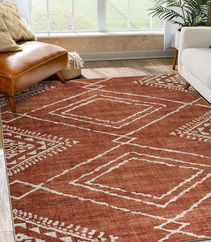 Machine Washable Area Rug - Living Room Bedroom Bathroom Kitchen Entryway Office - Non Slip Crease Free Stain Resistant Premium - Modern Geometric Contemporary