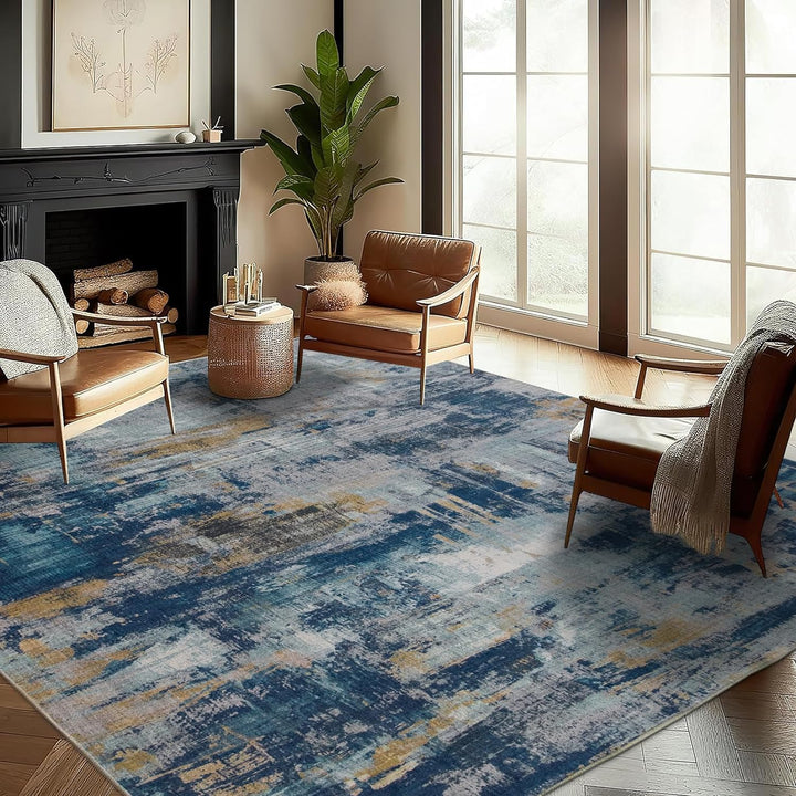 Machine Washable Area Rug - Living Room Bedroom Bathroom Kitchen Entryway Office - Non Slip Crease Free Stain Resistant Premium - Modern Geometric Contemporary