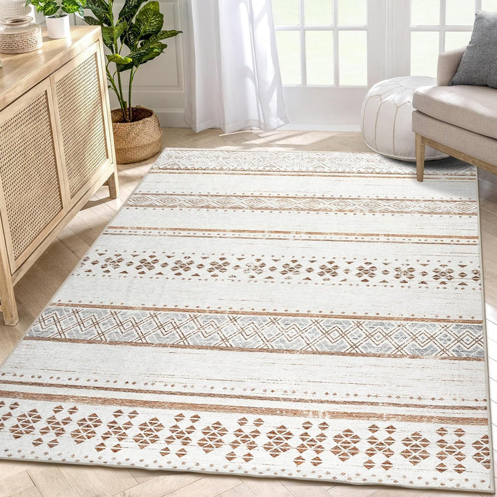 Moroccan Washable Area Rugs, Farmhouse Neutral Geometric Rug for Living Room, Bedroom, Low Pile Water Repellent Non-Slip Ultra Soft Faux Wool