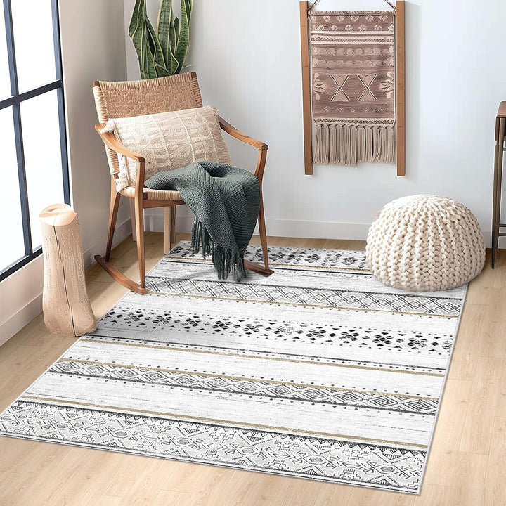 Moroccan Washable Area Rugs, Farmhouse Neutral Geometric Rug for Living Room, Bedroom, Low Pile Water Repellent Non-Slip Ultra Soft Faux Wool