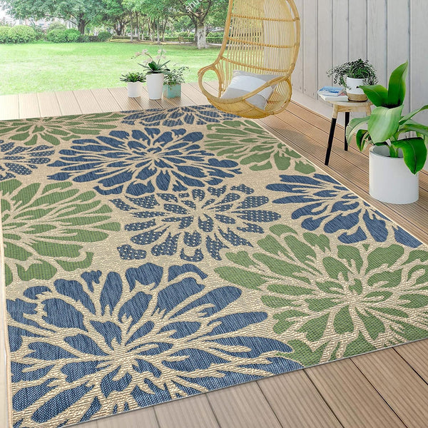 Zinnia Modern Floral Textured Weave Indoor Outdoor Area-Rug, Bohemian Coastal Easy-Cleaning, Bedroom, Kitchen, Backyard, Patio, Non Shedding