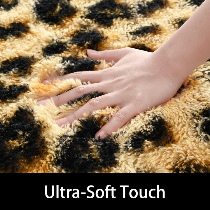 Fluffy Leopard Rug, Premium Cheetah Print Rugs, Soft Comfy Faux Fur Animal Print Carpet for Kids Room Bedroom, Living Room, Shaggy Teen Room Home Decor, Khaki 5x8 Feet