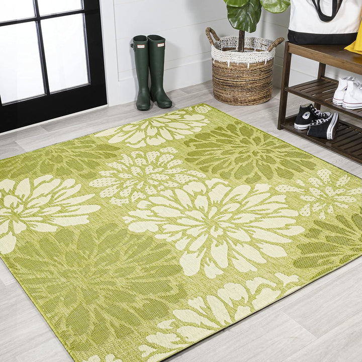 Zinnia Modern Floral Textured Weave Indoor Outdoor Area-Rug, Bohemian Coastal Easy-Cleaning, Bedroom, Kitchen, Backyard, Patio, Non Shedding