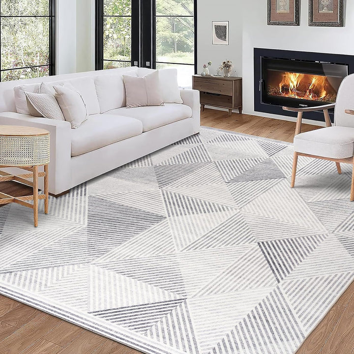 Machine Washable Area Rug - Living Room Bedroom Bathroom Kitchen Entryway Office - Non Slip Crease Free Stain Resistant Premium - Modern Geometric Contemporary