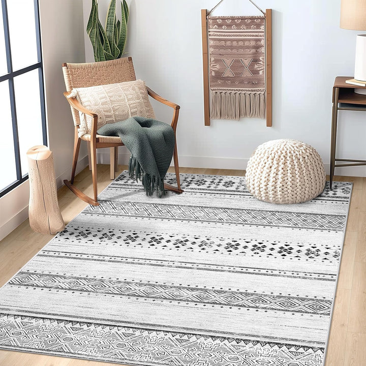 Moroccan Washable Area Rugs, Farmhouse Neutral Geometric Rug for Living Room, Bedroom, Low Pile Water Repellent Non-Slip Ultra Soft Faux Wool