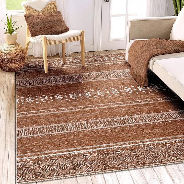 Moroccan Washable Area Rugs, Farmhouse Neutral Geometric Rug for Living Room, Bedroom, Low Pile Water Repellent Non-Slip Ultra Soft Faux Wool