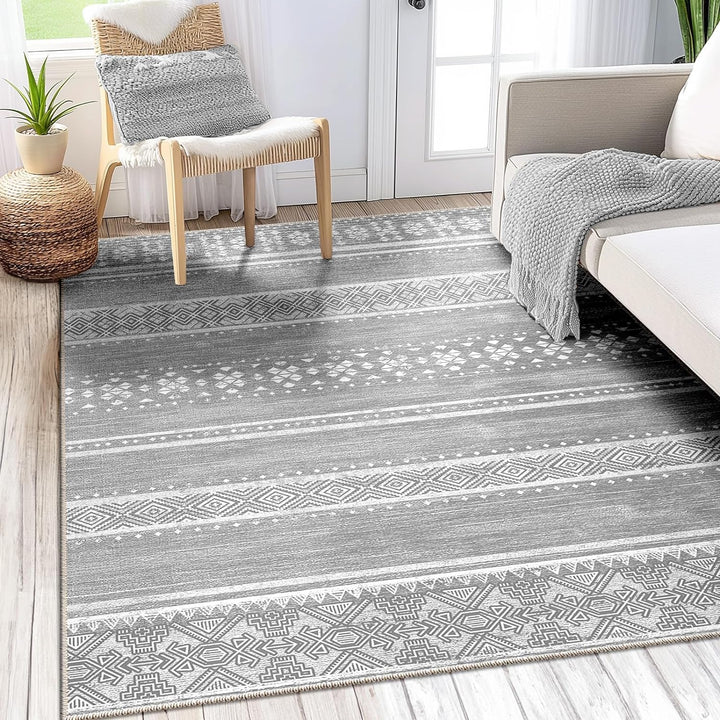 Moroccan Washable Area Rugs, Farmhouse Neutral Geometric Rug for Living Room, Bedroom, Low Pile Water Repellent Non-Slip Ultra Soft Faux Wool