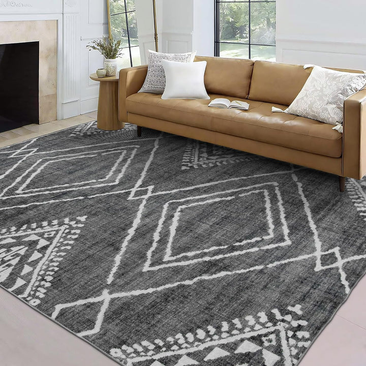 Machine Washable Area Rug - Living Room Bedroom Bathroom Kitchen Entryway Office - Non Slip Crease Free Stain Resistant Premium - Modern Geometric Contemporary