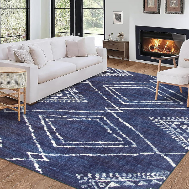 Machine Washable Area Rug - Living Room Bedroom Bathroom Kitchen Entryway Office - Non Slip Crease Free Stain Resistant Premium - Modern Geometric Contemporary