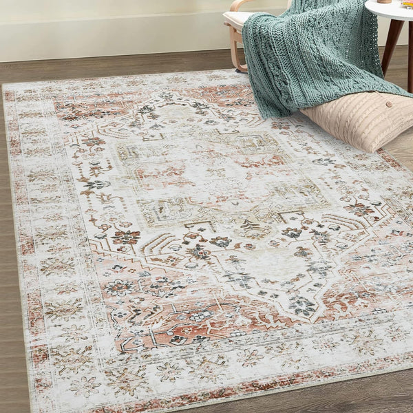 Area Rug 4x6 Rug Vintage Taupe Print Rug Indoor Floor Cover Distressed Carpet Thin Rug Foldable Chenille Rug for Home, Taupe, 4' x 6'