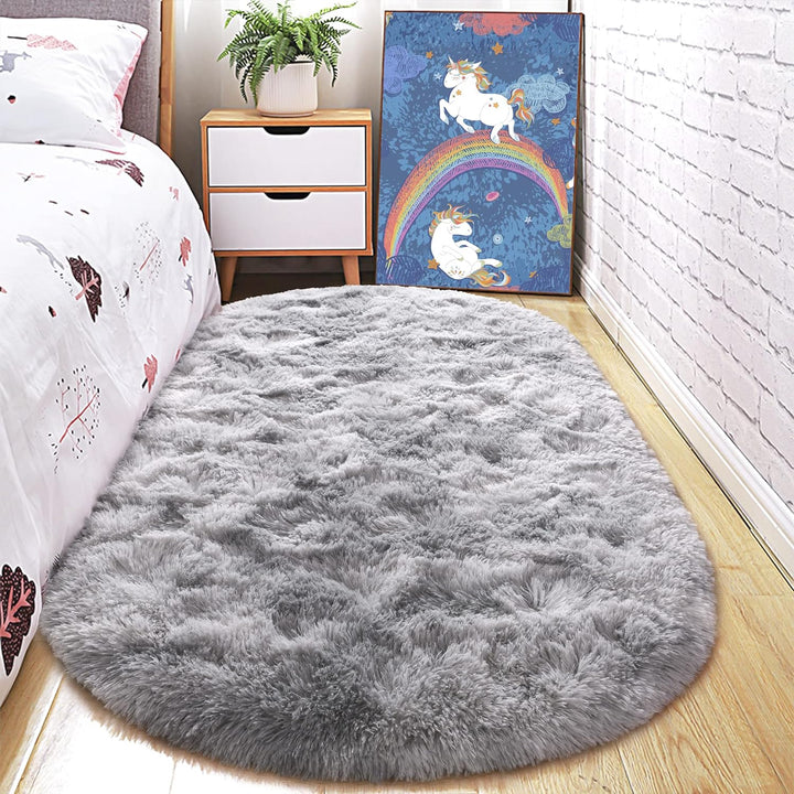 Oval Fluffy Ultra Soft Area Rugs for Bedroom Plush Shaggy Carpet for Kids Room Bedside Nursery Mats, 2.6 x 5.3ft, Grey