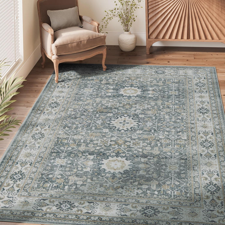 Area Rug 8x10 Washable Rug Vintage Rug Indoor Thin Rug Retro Accent Rug Distressed Carpet Blue Multi Floral Print Country Boho Rug Non Slip Kitchen Bedroom Living Room Dining Room Office