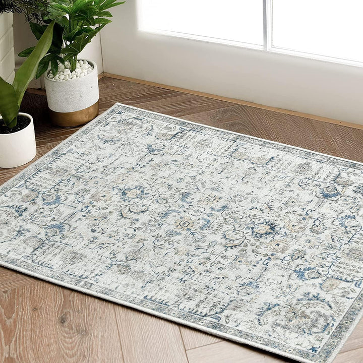 Area Rug 8x10 Washable Rug Vintage Rug Indoor Thin Rug Retro Accent Rug Distressed Carpet Blue Multi Floral Print Country Boho Rug Non Slip Kitchen Bedroom Living Room Dining Room Office