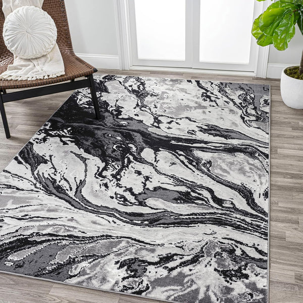 SOR203E-5 Swirl Marbled Abstract Indoor Area-Rug, Casual, Contemporary, Transitional Easy-Cleaning,Bedroom,Kitchen,Living Room,Non Shedding, Black/Ivory, 5 X 8