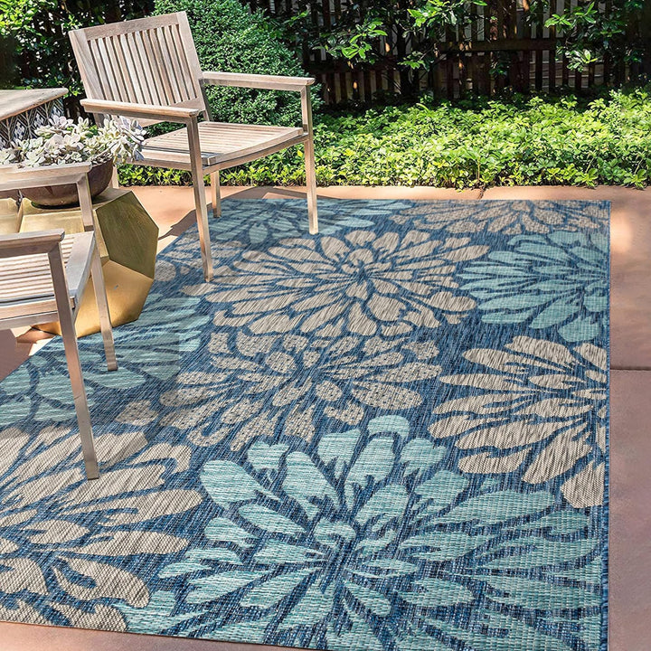 Zinnia Modern Floral Textured Weave Indoor Outdoor Area-Rug, Bohemian Coastal Easy-Cleaning, Bedroom, Kitchen, Backyard, Patio, Non Shedding